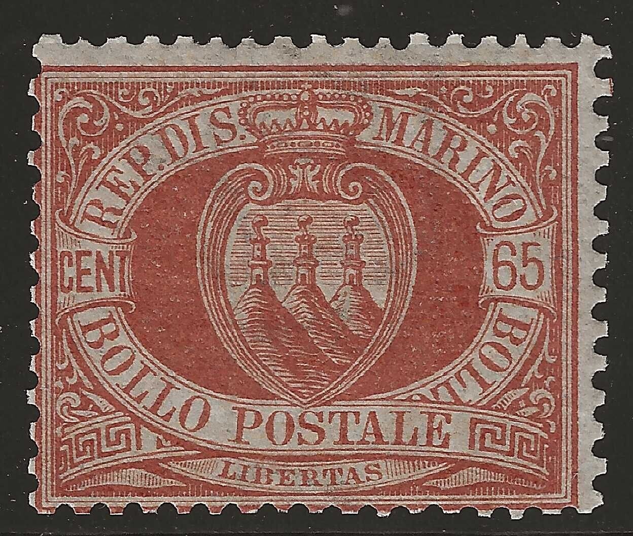 1892/94 San Marino - Stemma 65 cent. bruno rosso MNH**