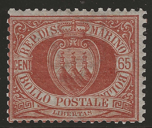 1892/94 San Marino - Stemma 65 cent. bruno rosso MNH**