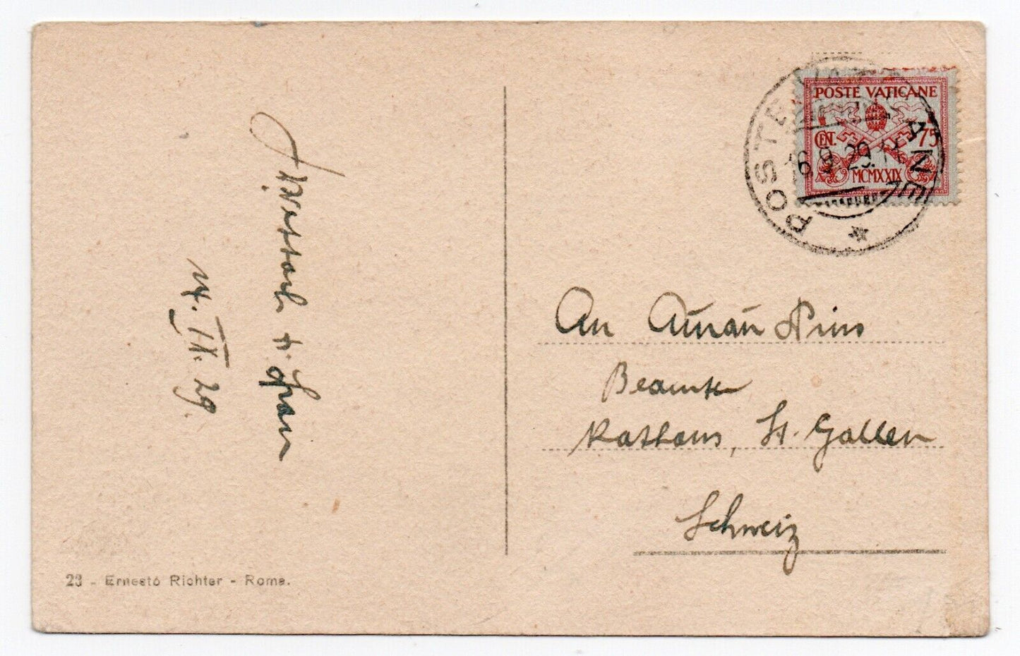 Vaticano - Storia Postale, 75 c. isolato su cartolina per l'estero 16.9.29