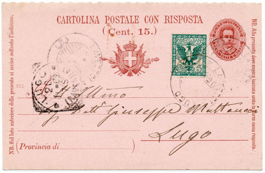 1893 - Regno d'Italia - Cartolina postale, 7 1/2 c. rosa con 5 c. floreale