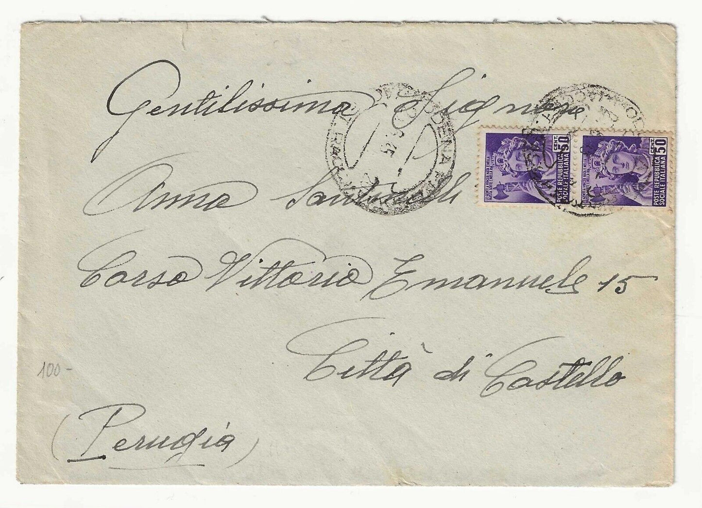 République sociale d'usage tardif (RSI) - Paire 50 cent. 1944 sur enveloppe pour Pérouse