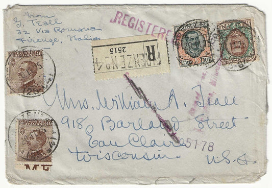 Regno d'Italia - Busta per USA con 1 e 2 L. FLoreale 1901 e Michetti 40 cent.