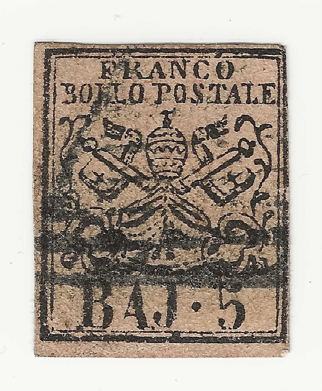 1852 Antichi Stati - 5 b. rosa carminio dello Stato Pontificio usato (Sass. 6A)