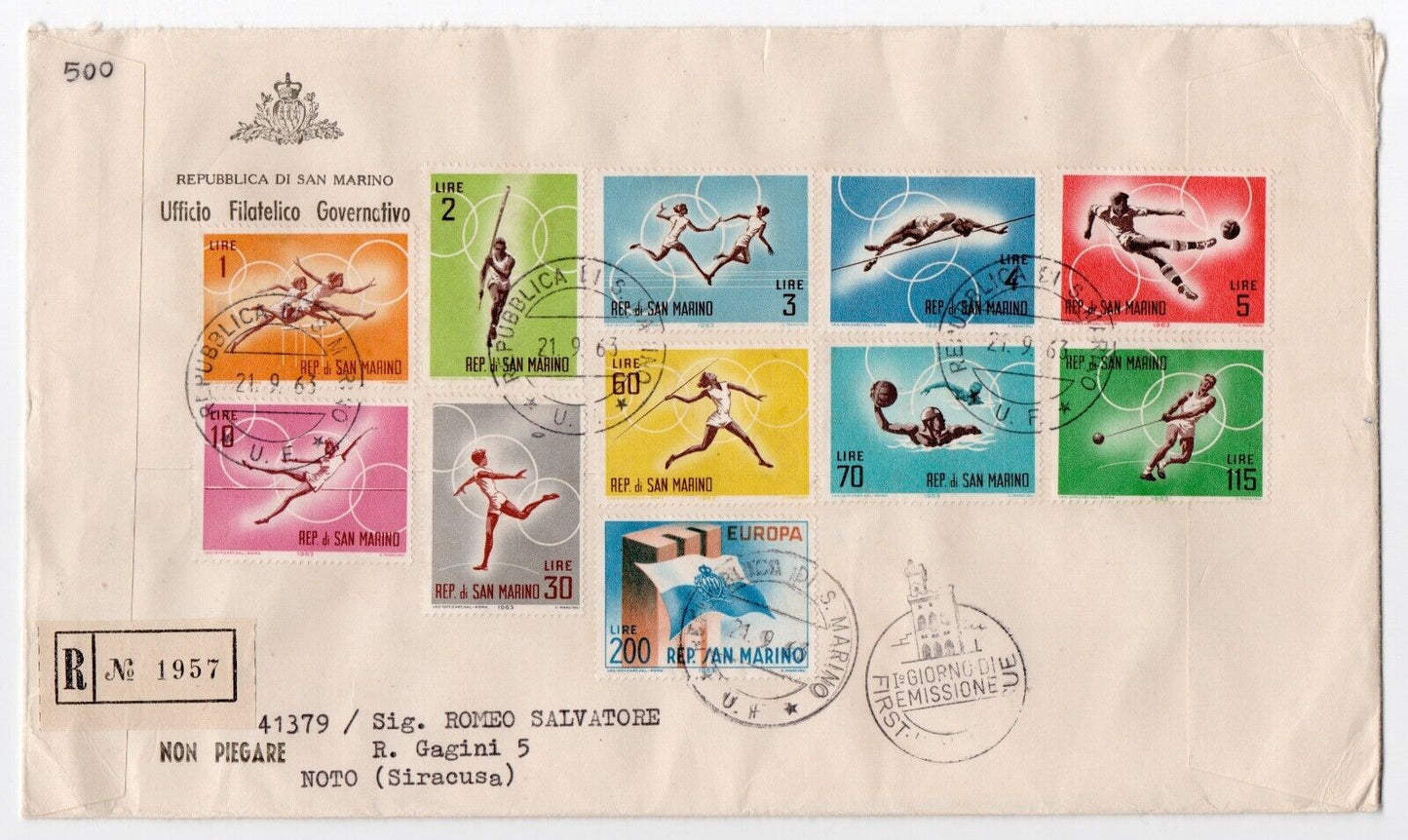 1963 San Marino - Pre-Olympic envelope FDC 09.21.1963