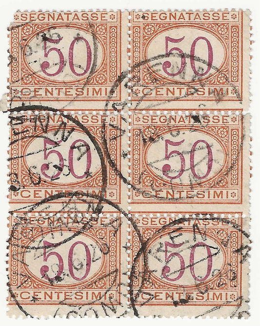 1890 Regno d'Italia - Blocco di 50 cent. Segnatasse srancio e carminio usato