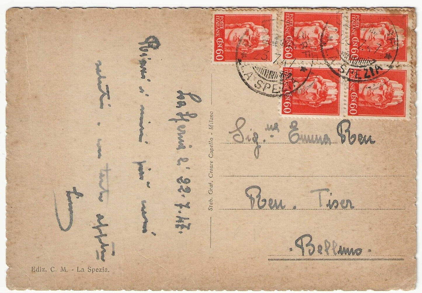 Regno d'Italia - Cartolina per Belluno con cinque val. da 60 c. Imperiale 1929