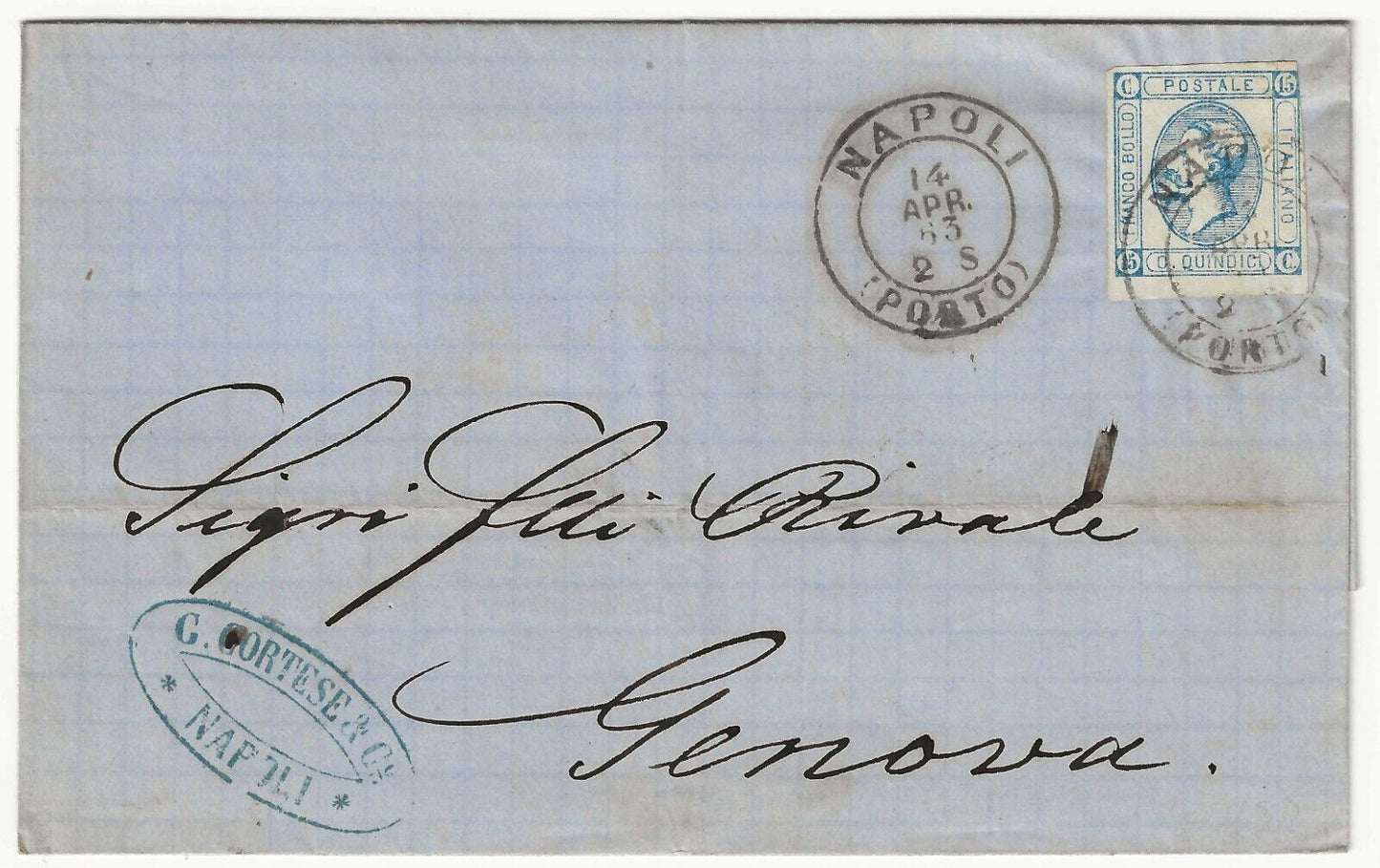 1863 Regno - 15 cent. litografico I tipo su piego con annullo Napoli Porto