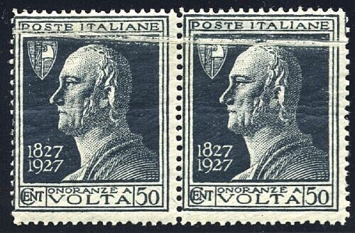 1927 Regno d'Italia - Coppia 50 c. A. Volta con vistosa piega di carta MNH**