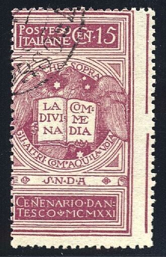 1921 Regno d'Italia - Dante 15 cent. senza filigrana con riga di colore usato