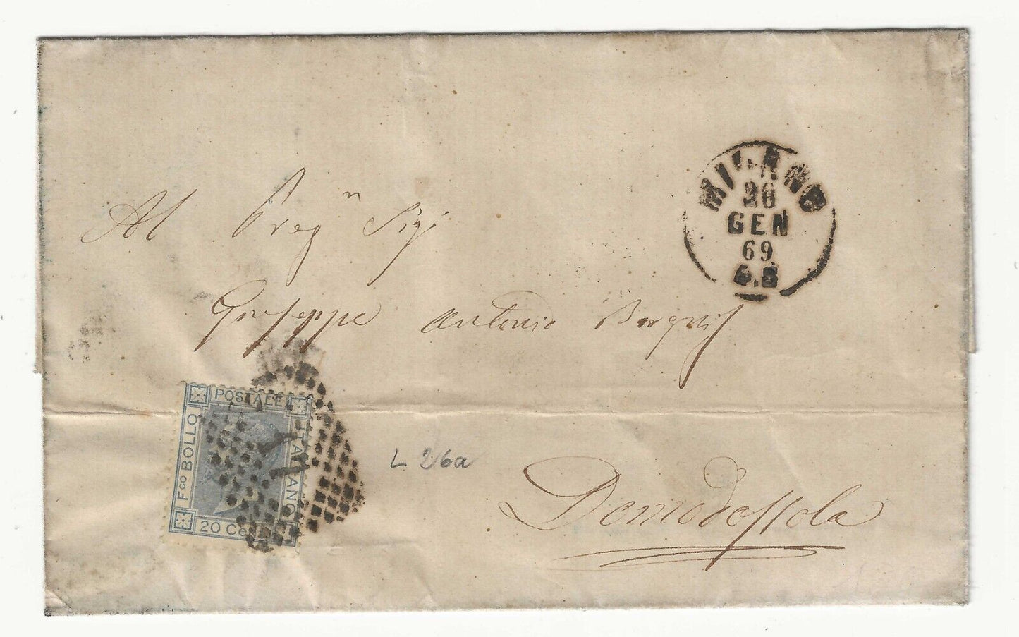 Regno - 20 c. celeste chiaro De La Rue 1867 isolato con annullo Milano 26 GEN 69