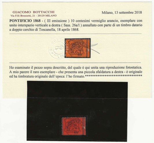 1868 Antichi Stati (Pontificio) - 10 cent. III emissione usato con interspazio