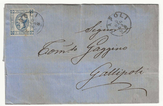 Regno - 15 c. litografico 1863 (I tipo) su piego per Gallipoli annullo Napoli