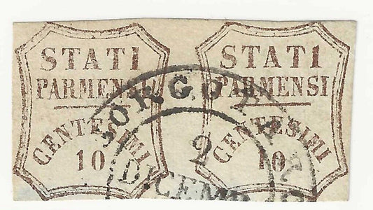 1859 Antichi Stati Parma Provvisorio - 10 c. bruno coppia con annullo Borgotaro