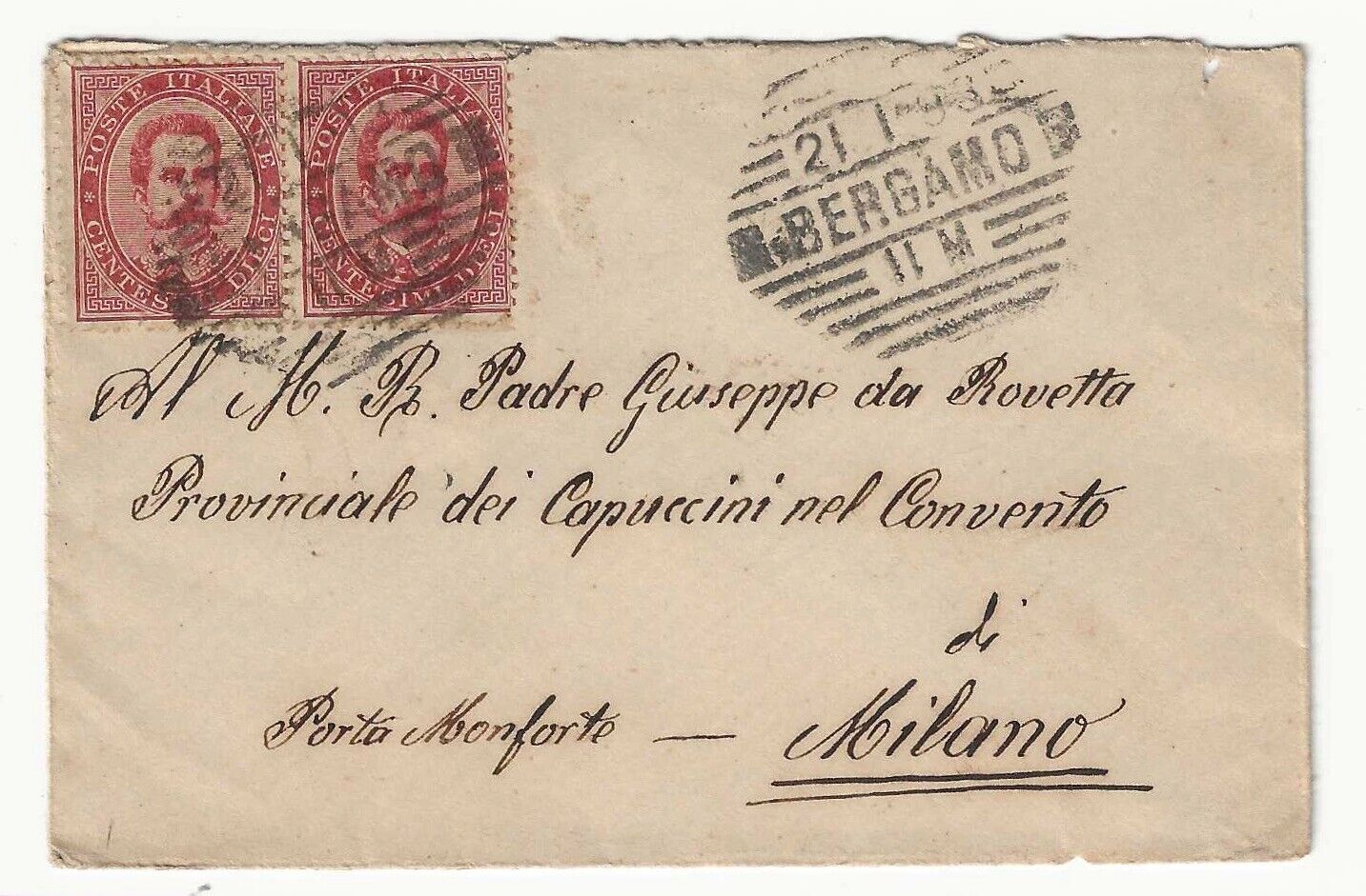 Regno d'Italia - Busta coppia 10 cent. carminio Umberto I 1879 per Milano