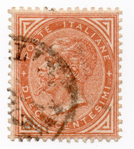 1865 - Regno d'Italia - 10 c. ocra De La Rue Torino usato