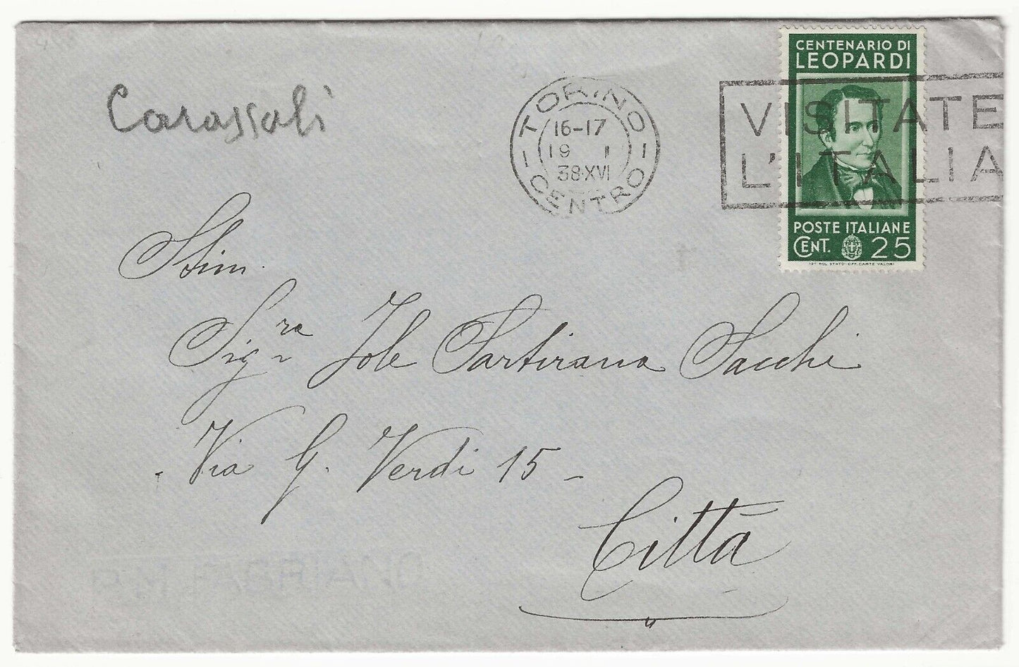 Kingdom - 25 c. green G. Leopardi isolated on envelope for Turin city