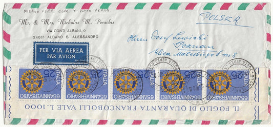 Repubblica - Striscia 25 L. "Anniversario Rotary" 1970 su busta per la Polonia