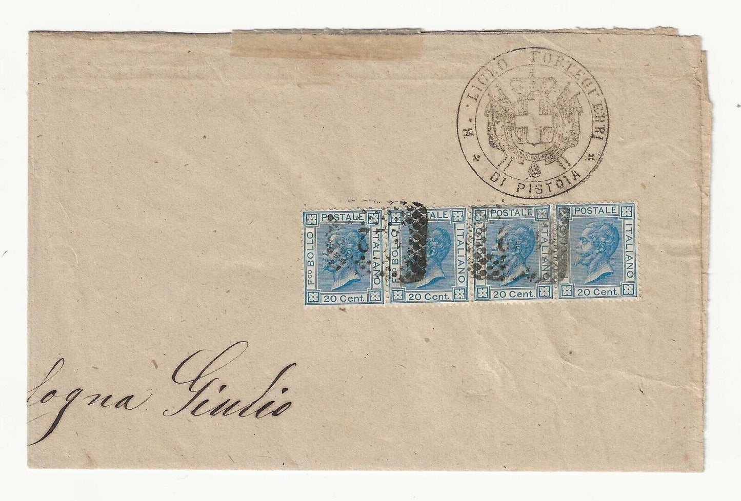 Regno d'Italia - Striscia di quattro 20 cent. Torino 1867 su foglio