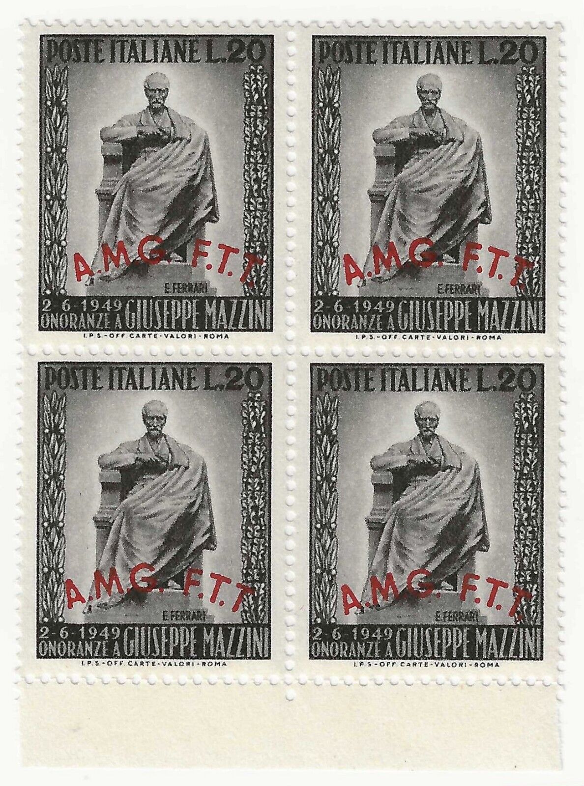 1949 Trieste A (AMG-FTT) - Mazzini 20 L. senza punto "T" in quartina MNH**