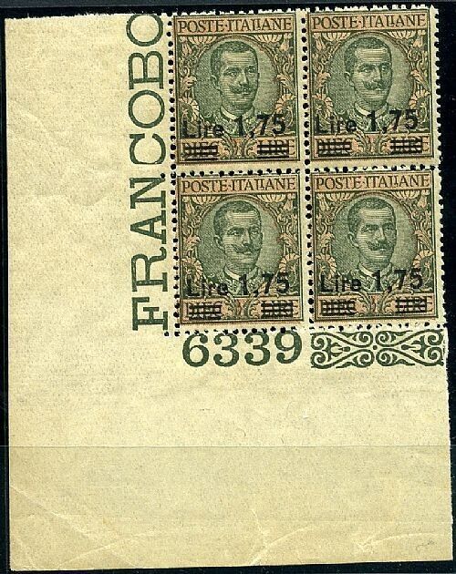 1924 Regno d'Italia - Floreale 1,75 su 10 L. quartina angolo di foglio MNH**