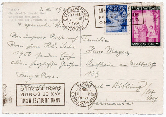 Vaticano - Cartolina con 30 L. Anno Santo 1950 e 5 L. PA 1947 per la Germania