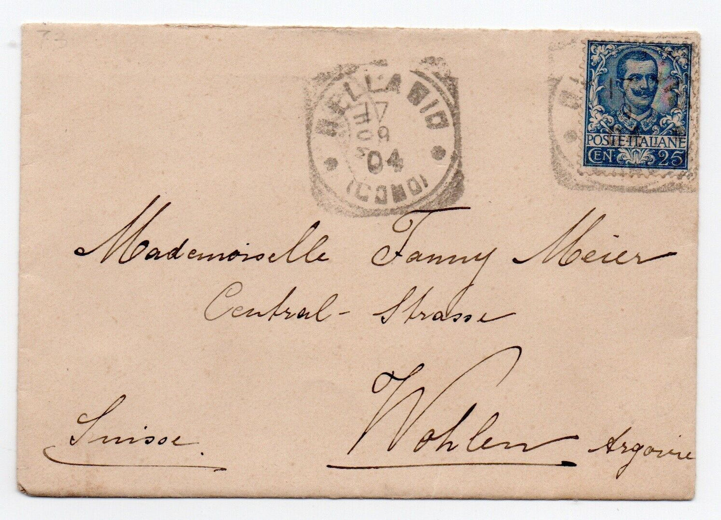 Kingdom of Italy - 25 c. Floral blue 1901 isolated on envelope for Switzerland