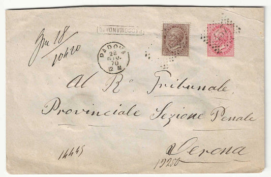 1865 Regno d'Italia - Busta con 10 cent. e 40 cent. tiratura di Torino