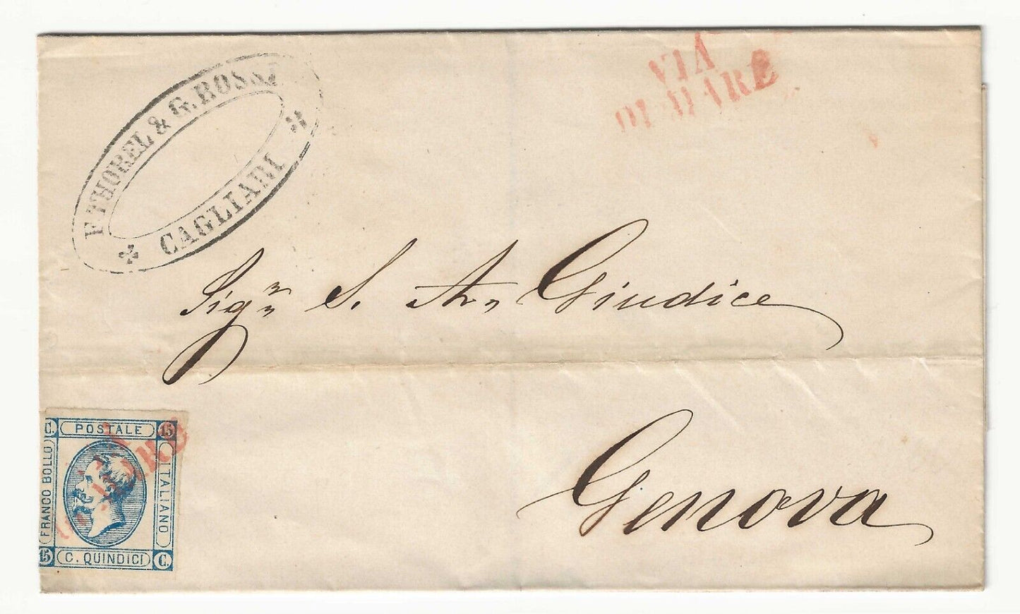 Kingdom - 15th c. 1863 (I type) on fold with red postmark "Via di mare" for Genoa