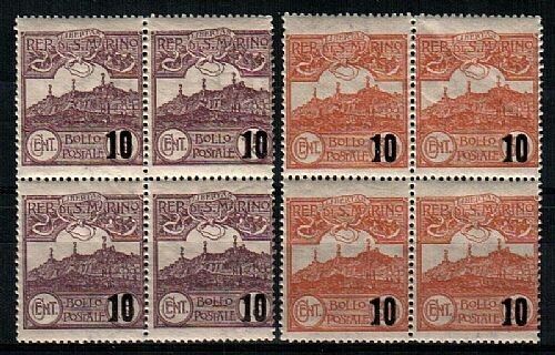 1938 San Marino - Quartine serie Vedute 10 su 15 e 10 su 30 cent. MNH**