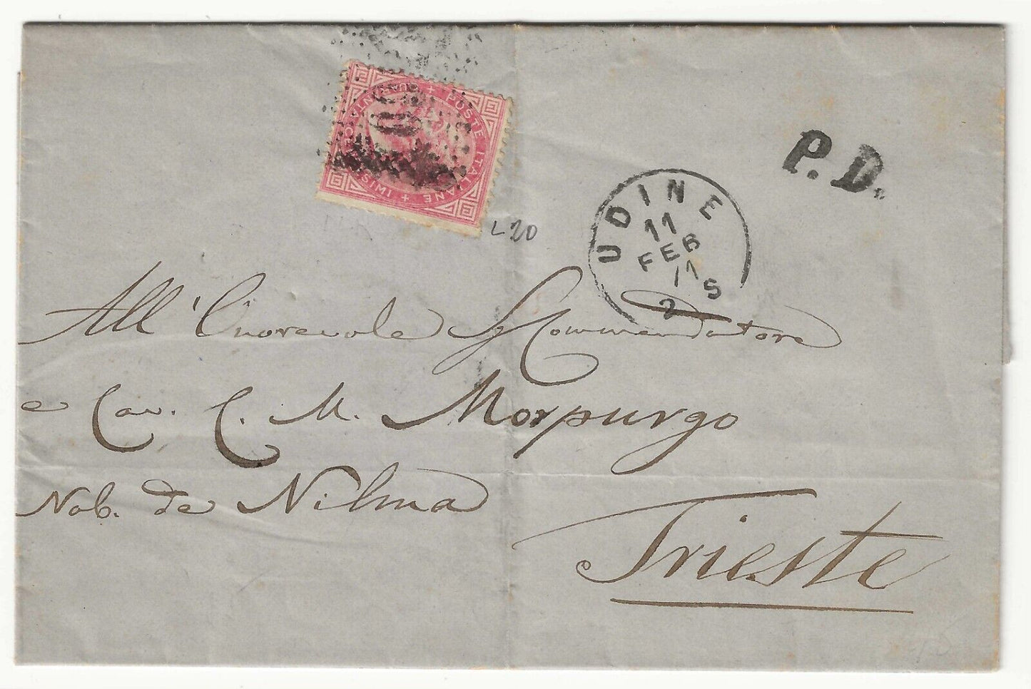 Regno - 40 c. rosa carminio De La Rue Londra 1866 su busta per Trieste