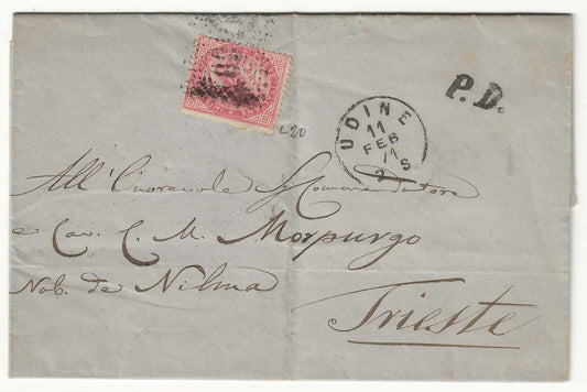 Regno - 40 c. rosa carminio De La Rue Londra 1866 su busta per Trieste