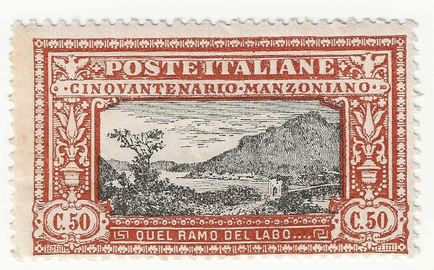 1923 Regno d'Italia - Cinquantenario morte Manzoni, 50 c. arancio e nero MNH**