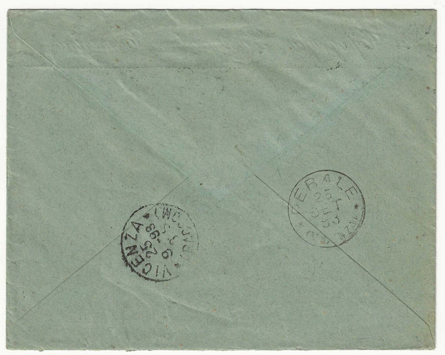 Regno d'Italia - Busta bicolore con 20 c. Umberto I 1879 e 5 c. 1891 per Perale