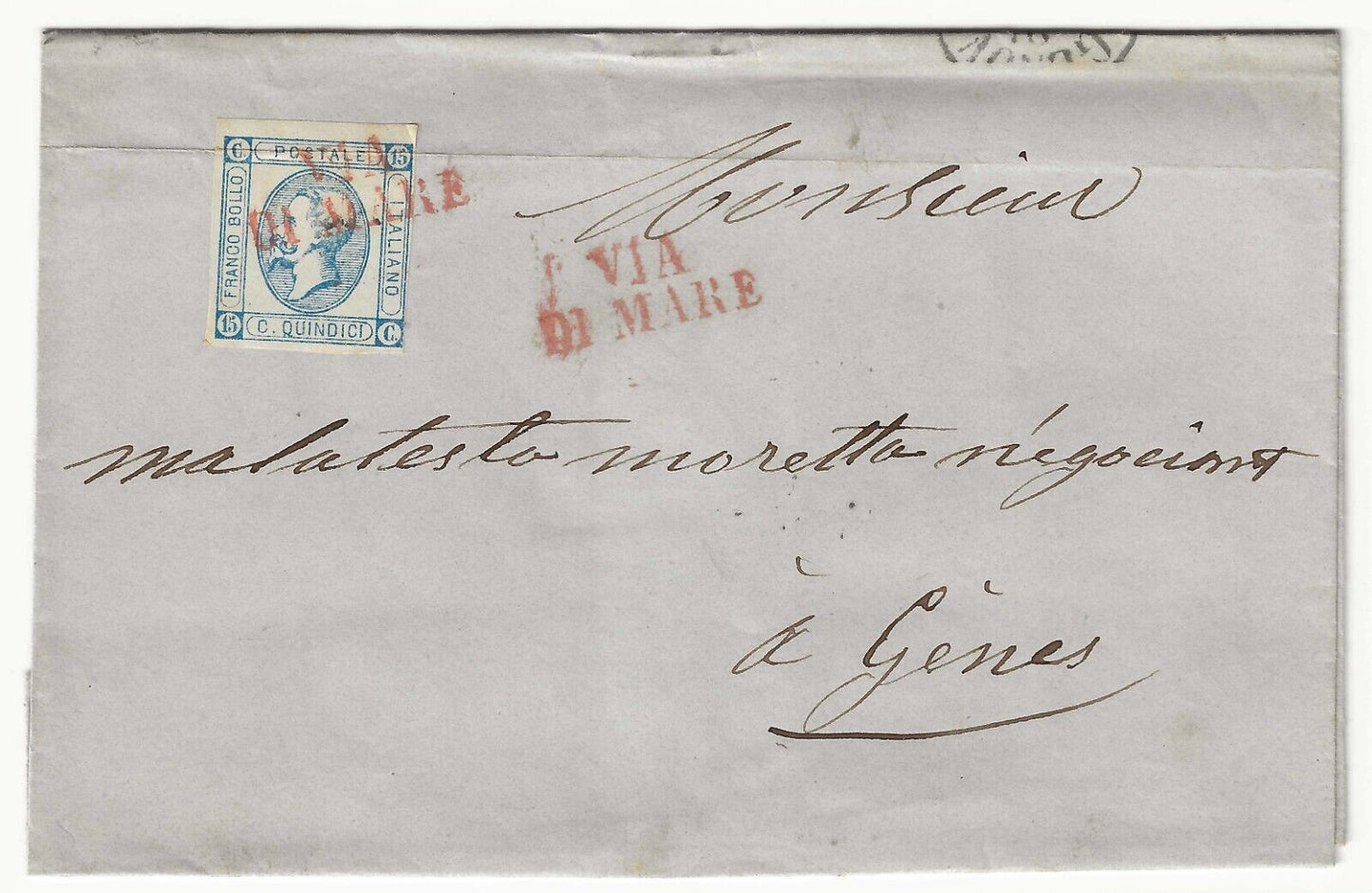 Royaume - XVe s. lithog. 1863 (je tape) sur pli pour Gênes avec cachet de la poste Via di mare