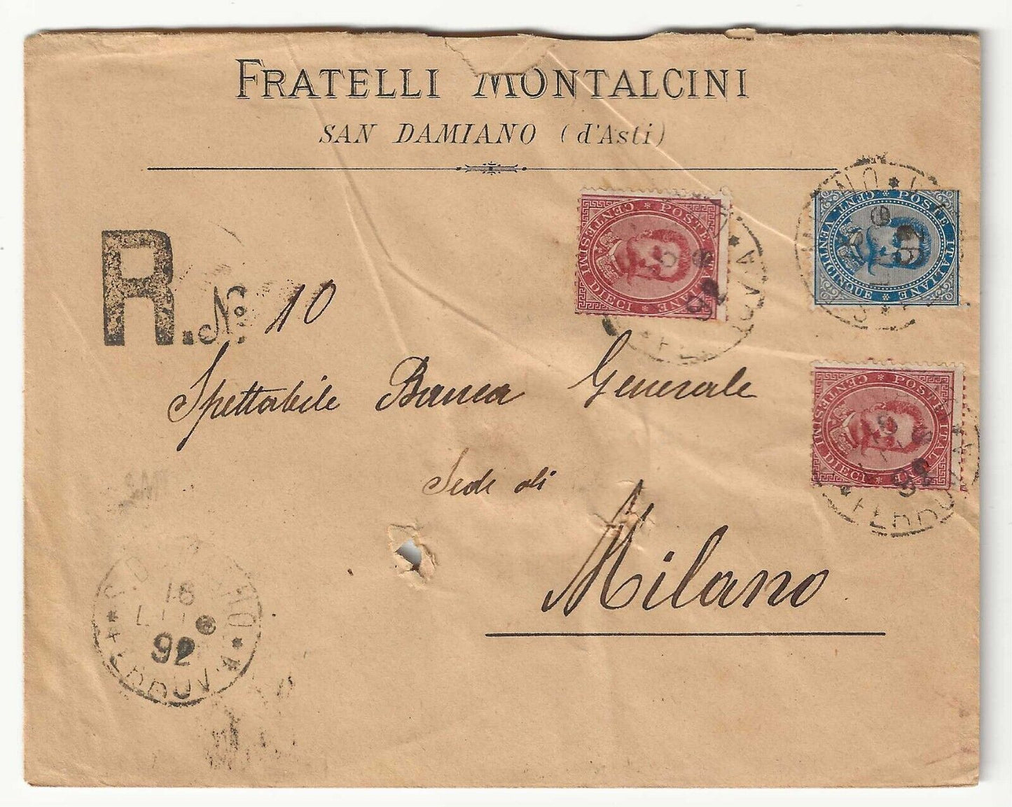 Regno d'Italia - Busta bicolore con 10 e 25 c. Umberto I 1879 per Milano