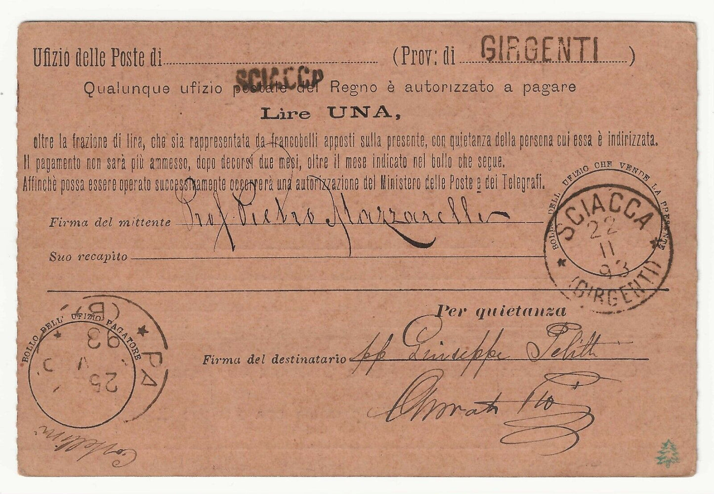 Regno d'Italia - Cartolina vaglia 10 c. con affrancatura tricolore Umberto 1879