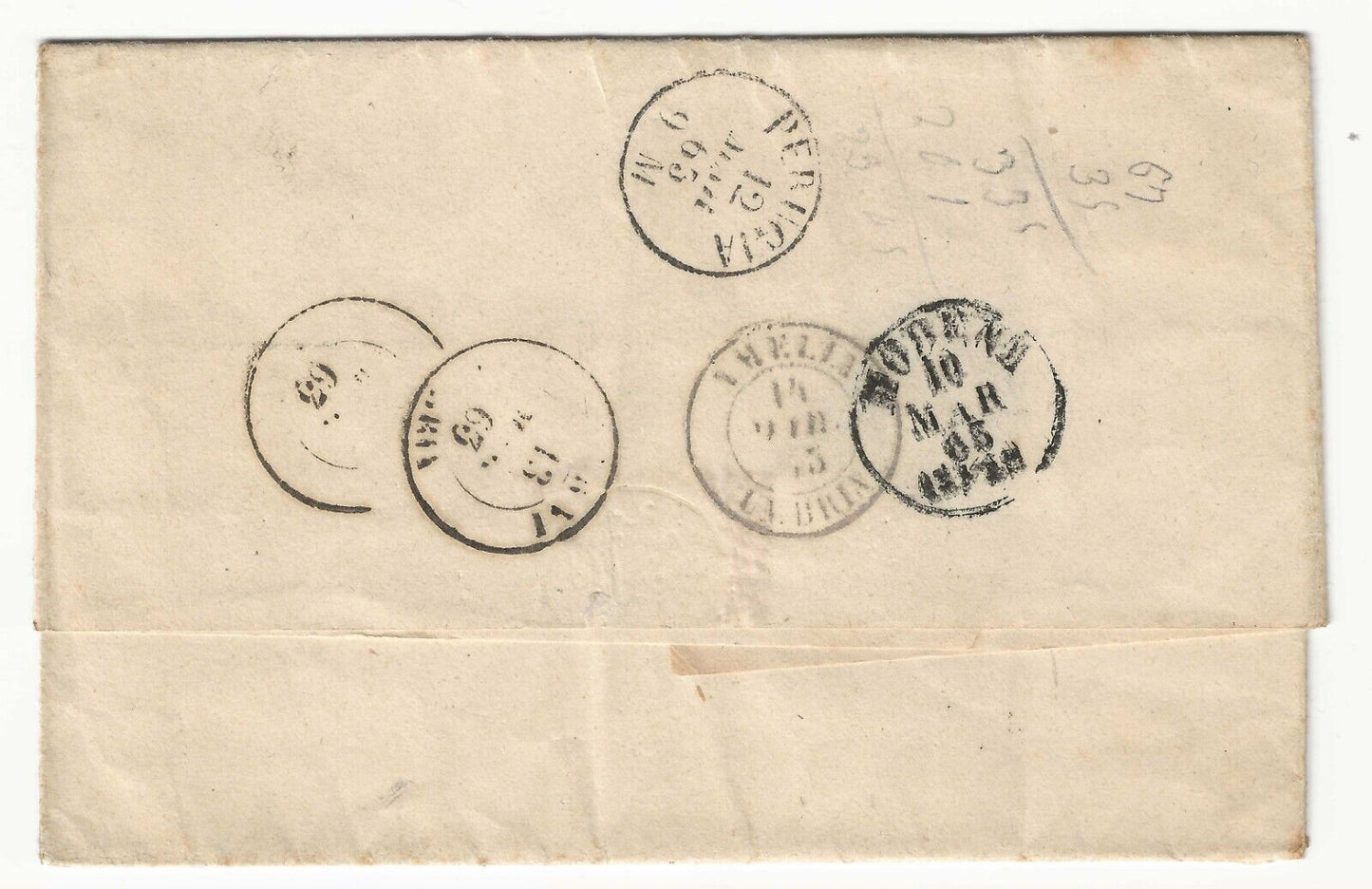 Kingdom - 15th c. 1863 (I type) on fold for Amelia with Rubiera cancellation 10 MAR 63