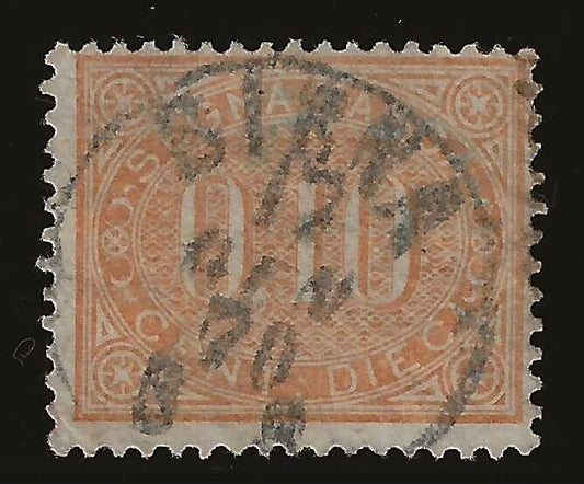 1869 Regno d'Italia - 10 cent. Segnatasse arancio annullo Siena 17 GEN 70