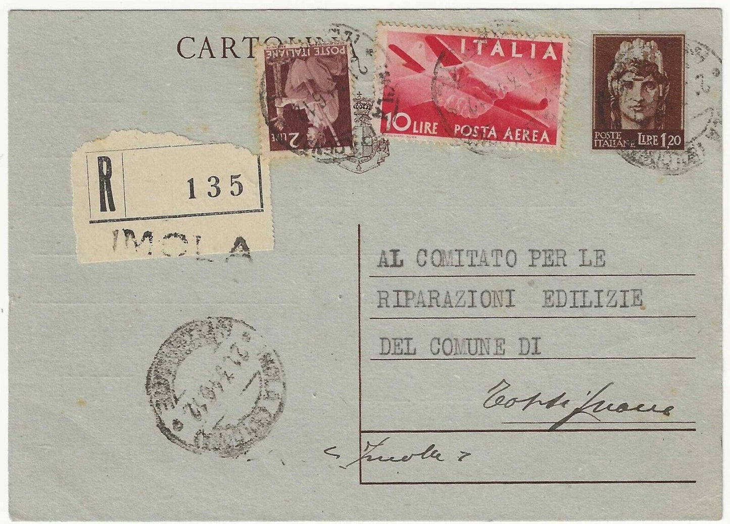 1945 Repubblica italiana - Cartolina Postale 1,20 L. Democratica per Tossignano