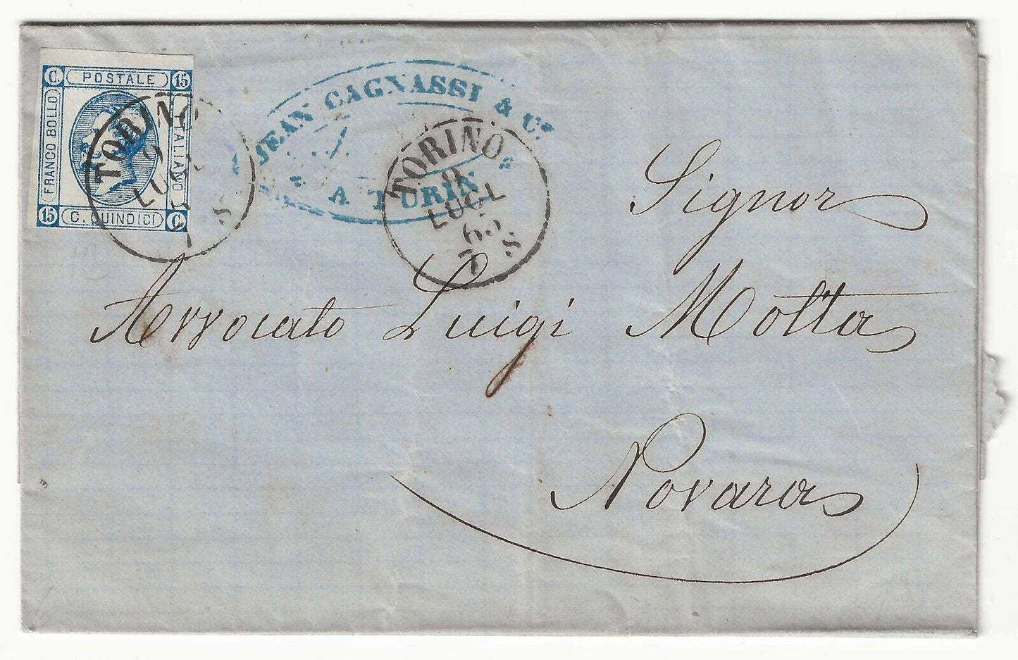 Regno - 15 cent. 1863 (I tipo) su piego per Novara con annullo Torino 9 LUGL 65