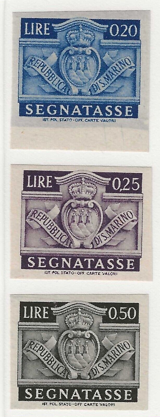 1945 San Marino - 20, 25 e 50 c. non dentellati Segnatasse MNH**