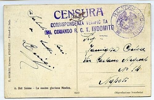 Cartolina postale in franchigia bolli viola di censura - stemma R.C.T. INDOMITO