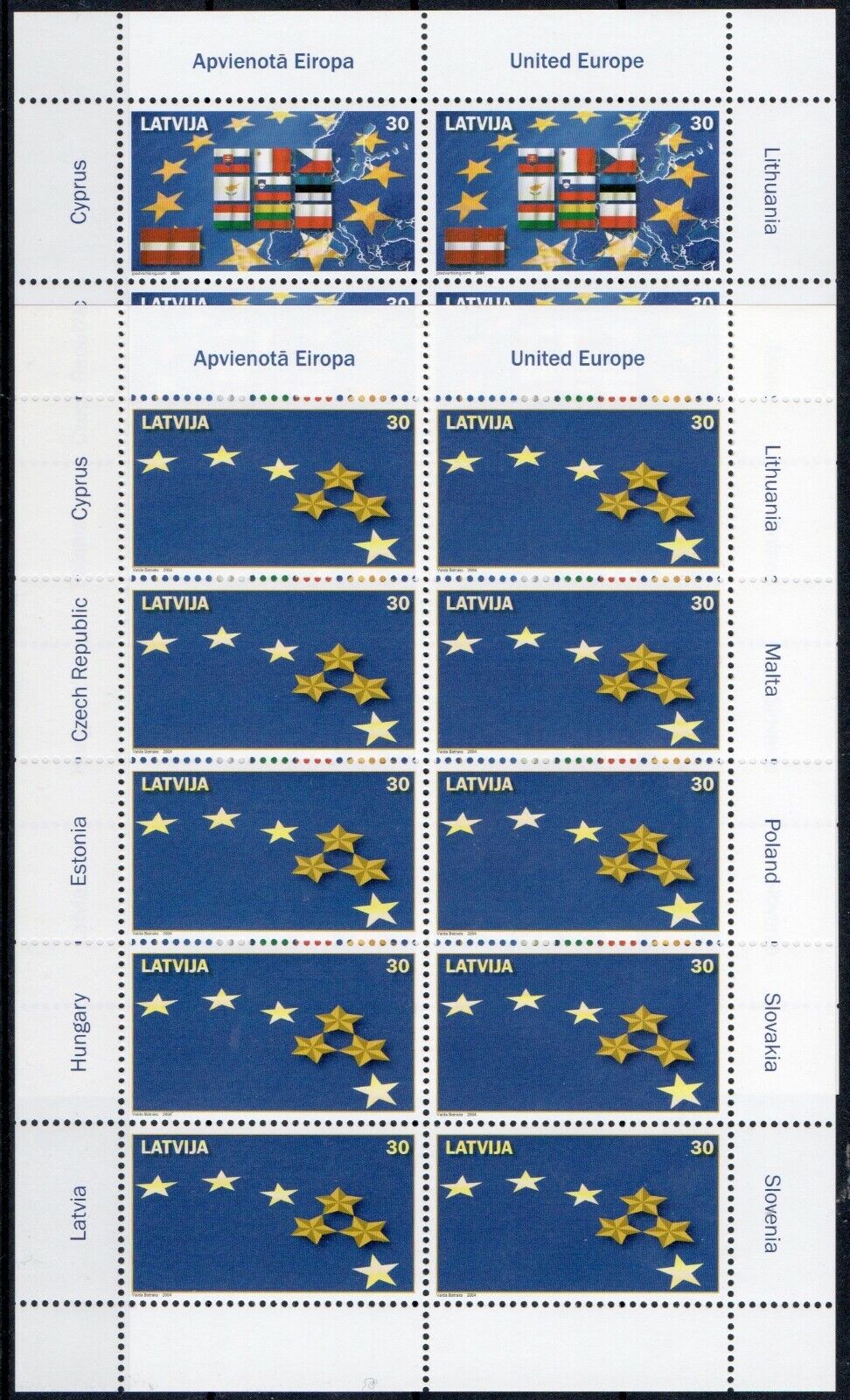 2004 - Europa CEPT (Lettonia) - Entrata nell'UE, 2 minifogli di 10 MNH**