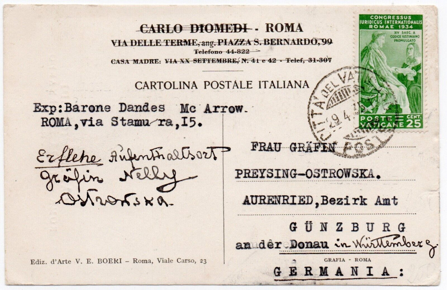 Vaticano - Cartolina con 25 c. verde Congresso Giuridico 1935 per la Germania