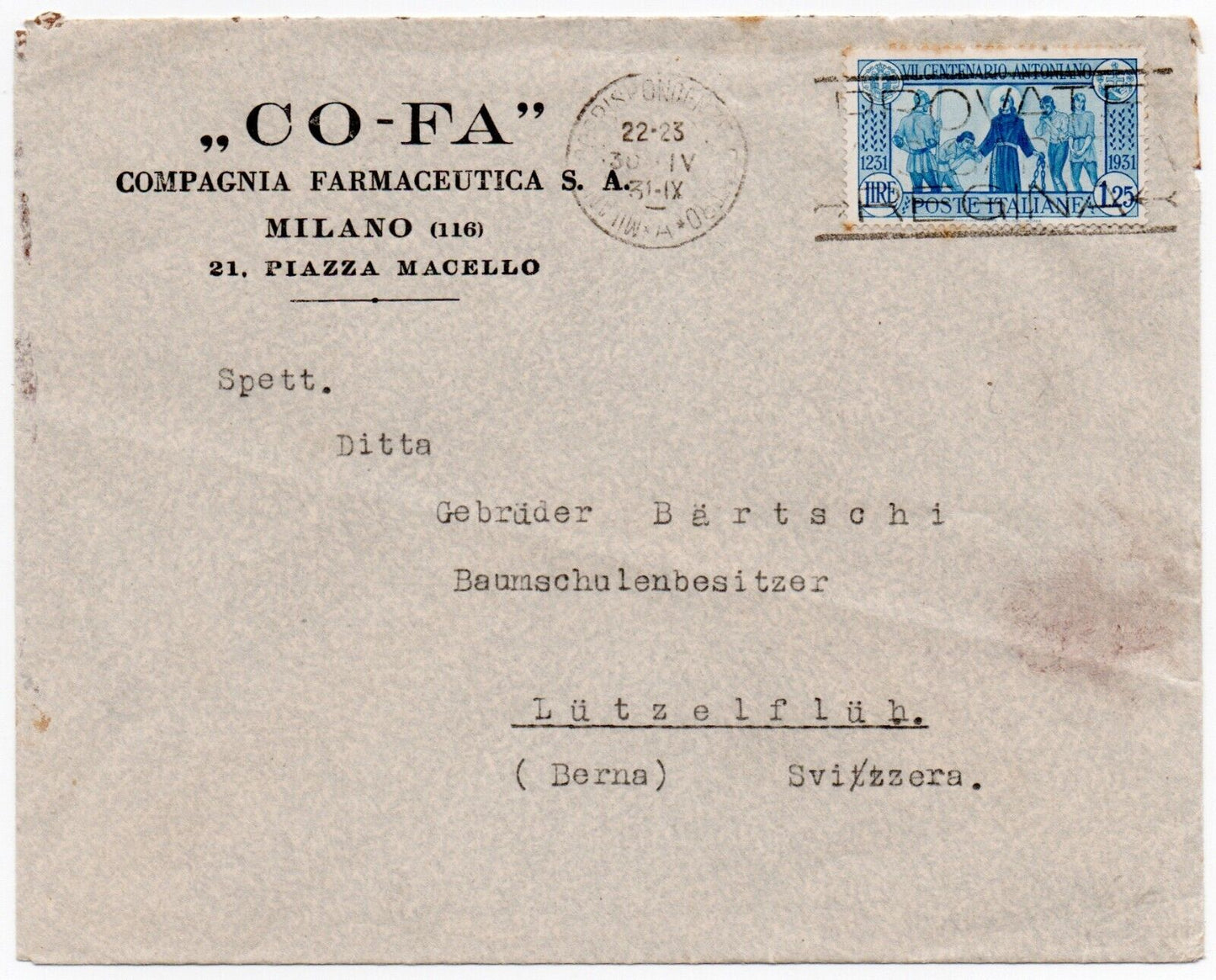 Kingdom - 1.25 L. Death of St. Anthony (1931) isolated on envelope for Switzerland