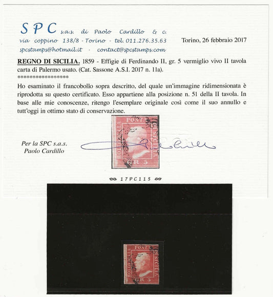 1859 Antichi Stati (Sicilia) - 50 gr. vermiglio vivo II tav. ex Rothschild