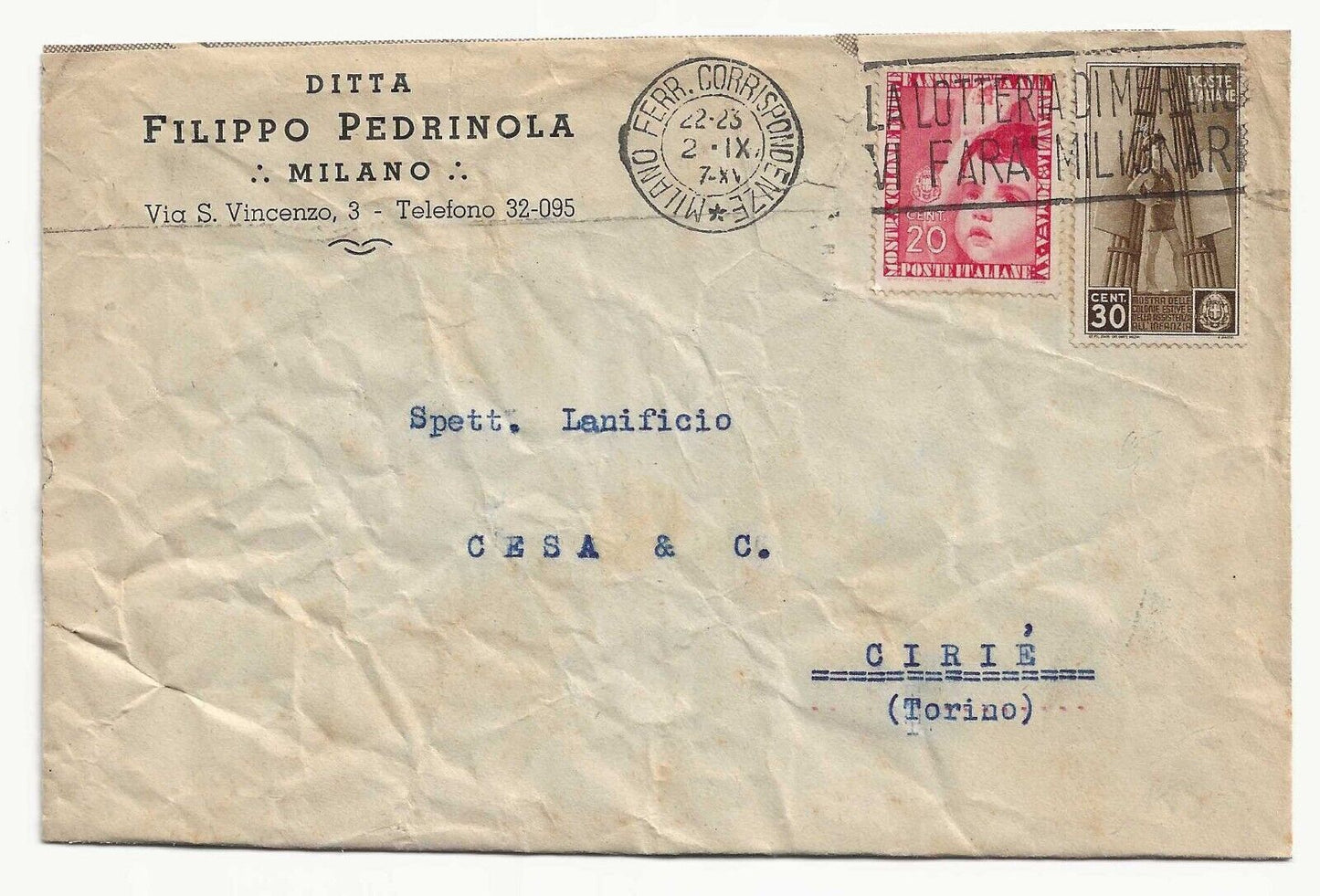 Kingdom - 20 cents. and 30 cents. Show Summer Colonies 1937 on envelope for Turin