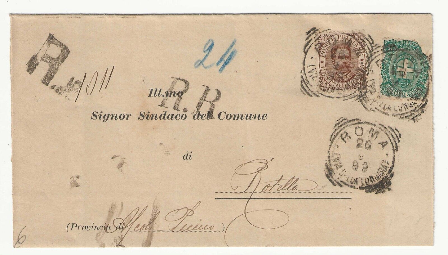 Regno d'Italia - 40 cent. Umberto 1889 e 5 cent. 1891 su piego annullo R.R