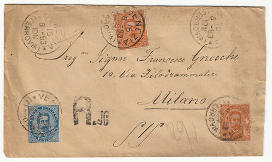 Kingdom - 25 c. light blue Umberto I 1879 with pair 20 c. ocher on envelope for Milan