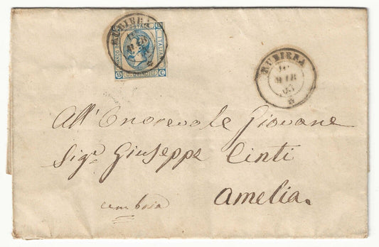 Kingdom - 15th c. 1863 (I type) on fold for Amelia with Rubiera cancellation 10 MAR 63